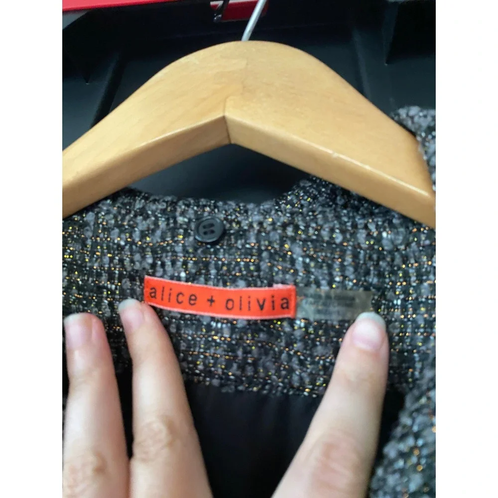 Alice + Olivia Coat Double Breasted Metallic Tweed Large Gray Preppy Academia